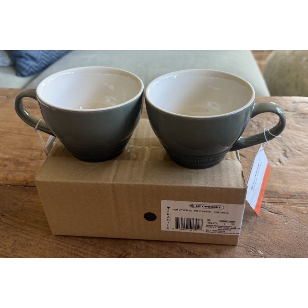 Le Creuset Stoneware Set of 2 Bistro Mug Giant Cappuccino 14 oz Thyme Green NEW